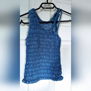 Denim Ruched Cold Shoulder Top